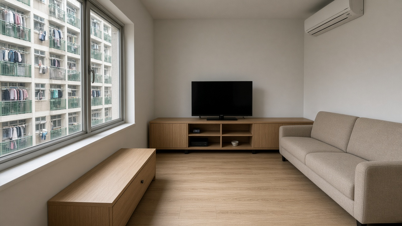 公屋單位裝修後的客廳,窗外是屋邨